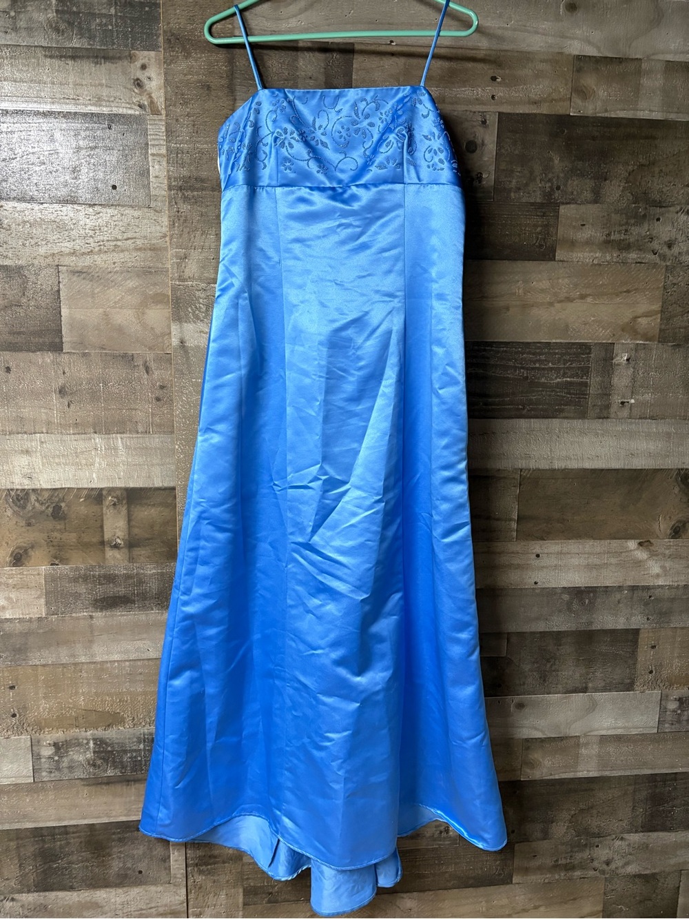 Vintage Blue Satin Maxi Dress with Embroidered Bodice